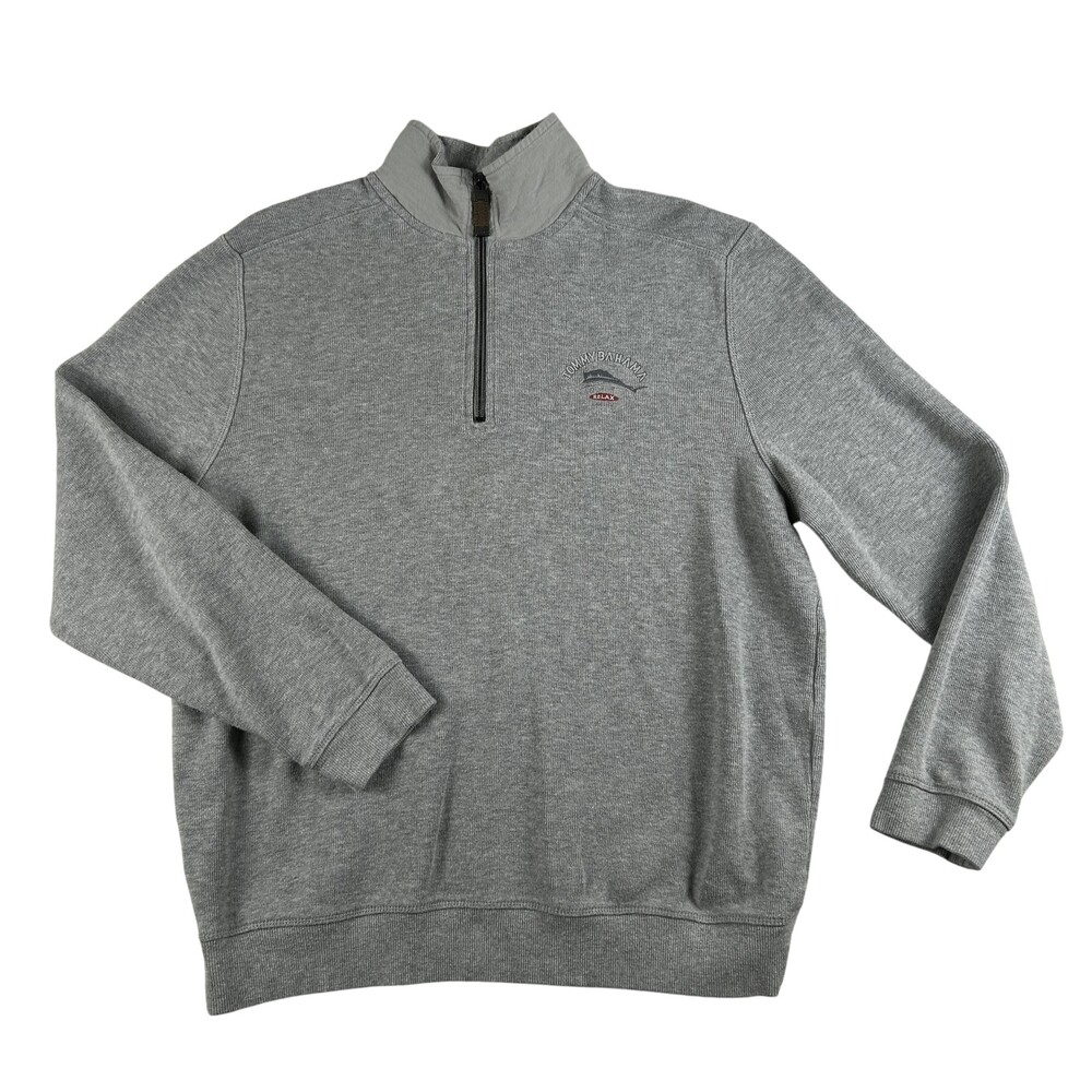 Tommy Bahama Relax Sweater Mens Medium Gray Quarter Zip Pullover Cotton Logo